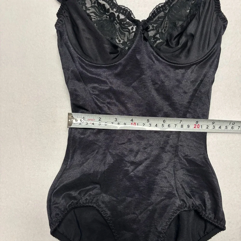 Vintage OLGA‎ 42007 Black Lace Trim Full Body Shaper Bodysuit 34B